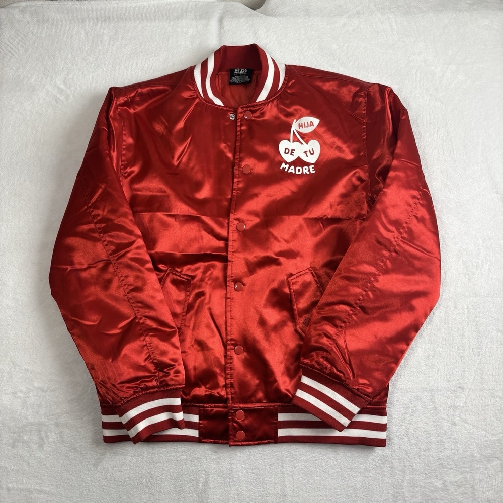 Hija De Tu Madre Red LS Bad Bunny Satin Bomber Jacket Cherries Women's Small